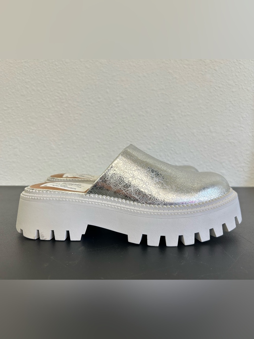 DOLCE VITA 7.5 Silver Shiny Lexy Chunky Lug Sole Clogs SLIP ON CRINKLE UPPER